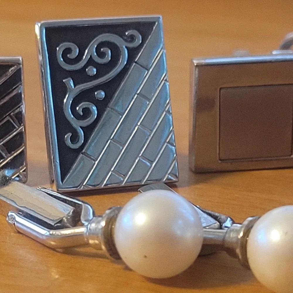 6 Pr Vintage Mens Cufflink Lot Modernist Onyx Mesh Wrap Faux Pearl